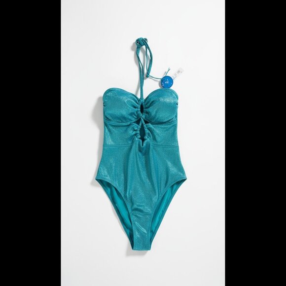NWT Cupshe Metallic Teal One-Piece Swimsuit Size Medium | Keyhole Cutout - Picture 1 of 7